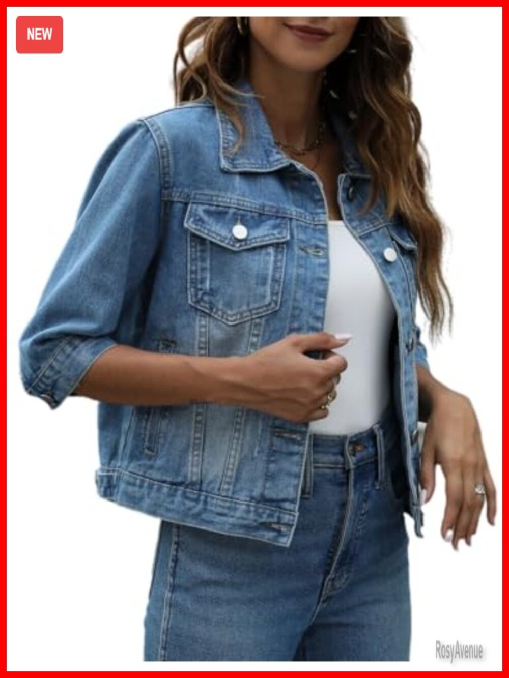 Denim Jacket 3/4 Sleeve Cropped Button Down Trucker Jean Coat